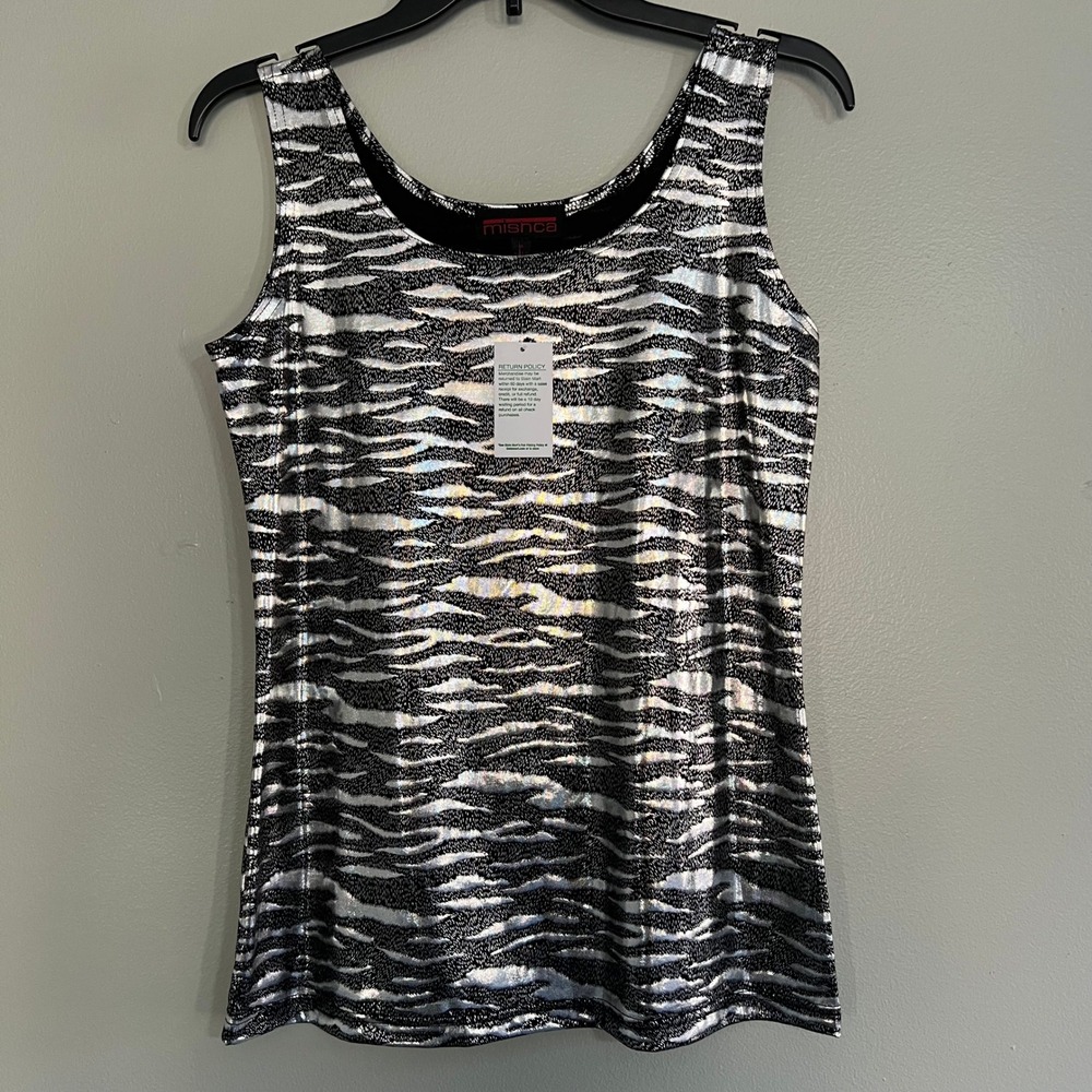 Mishca Metallic Silver Black Zebra Print Shimmer Tank Top Medium